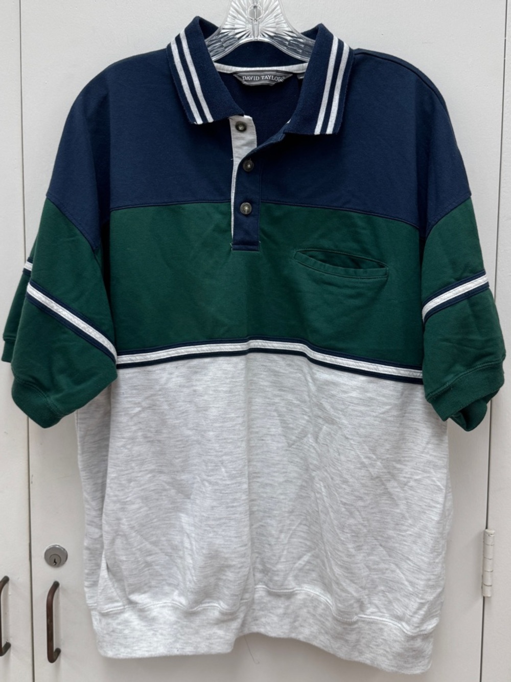 David Taylor Navy, Green & Light Gray Striped Colorblock Banded Bottom Polo XL